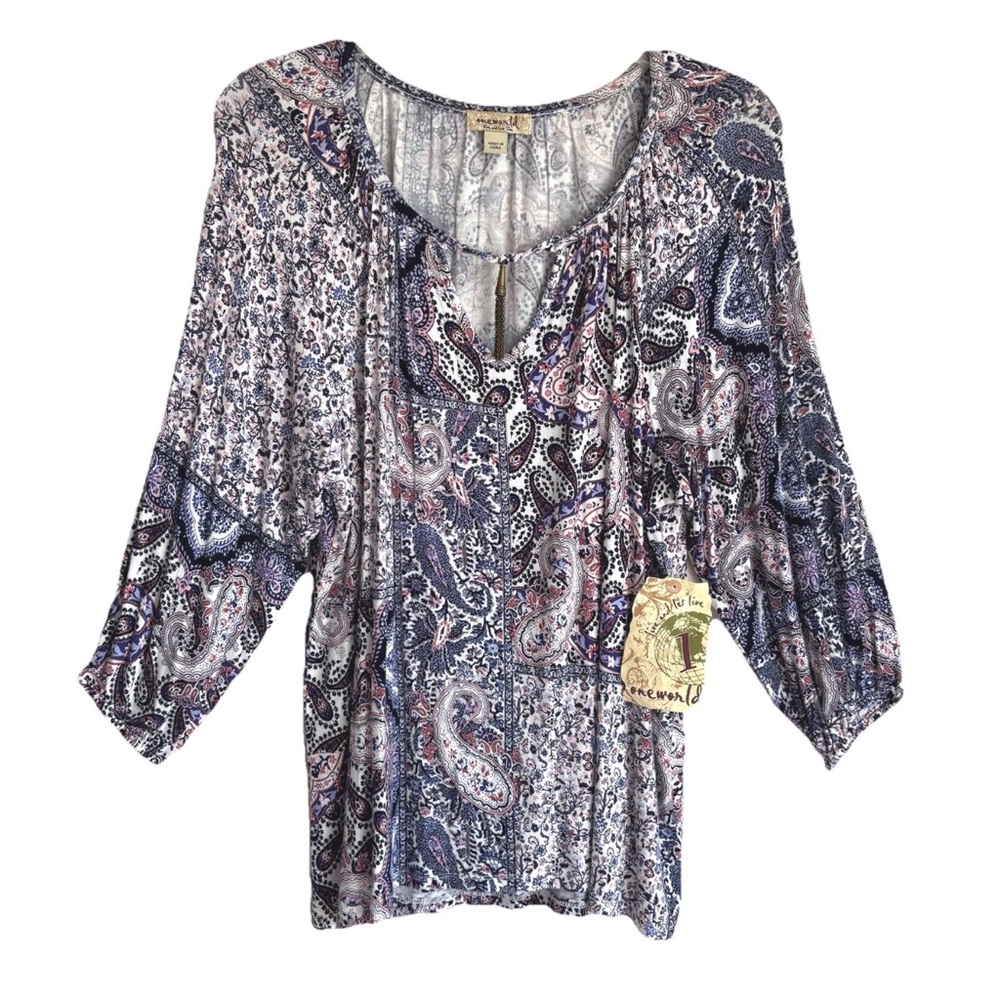 One World 3/4 Sleeve Floral Paisley Top